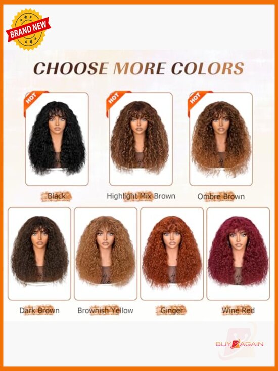 200 Density Long Curly Human Hair Wig with Bangs Glueless main image 4